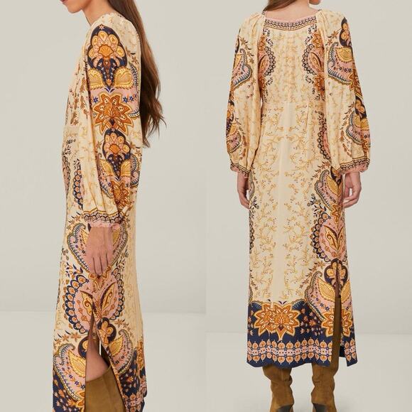 Farm Rio Boho Paisley Midi Dress Beige Long Sleeve Size Medium NWT - Picture 3 of 13